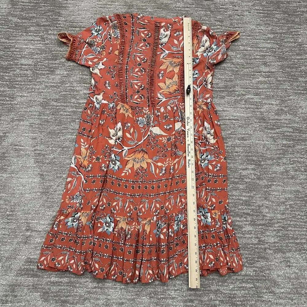 Jaase Dress Womens Small Rust Floral Boho Ruffle Hem Summer Lace Cut Out - Picture 12 of 13